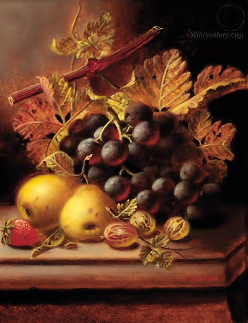 Grapes, Apples, Gooseberries, And A Strawberry On A Ledge — Oliver Clare