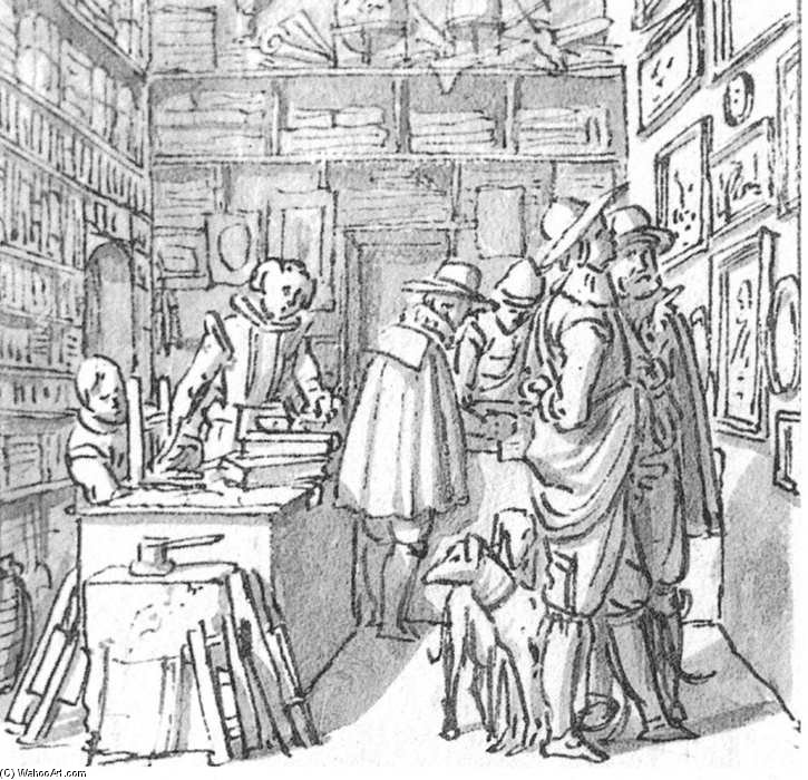 People And Two Dogs In A Book Shop — Dirck De Bray