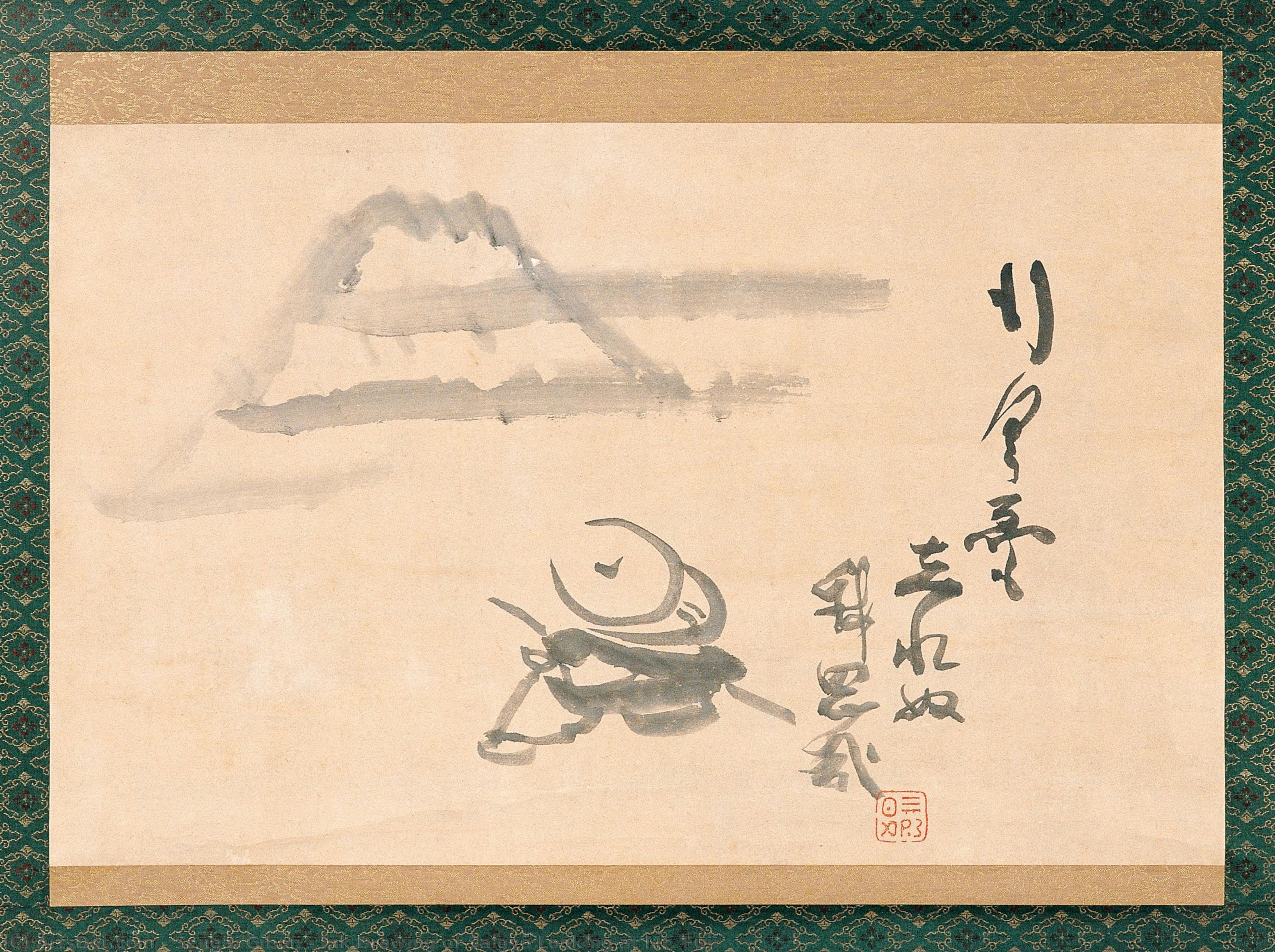 Ink Drawing Of Saigyō Looking At Mt. Fuji — Sengai Gibon