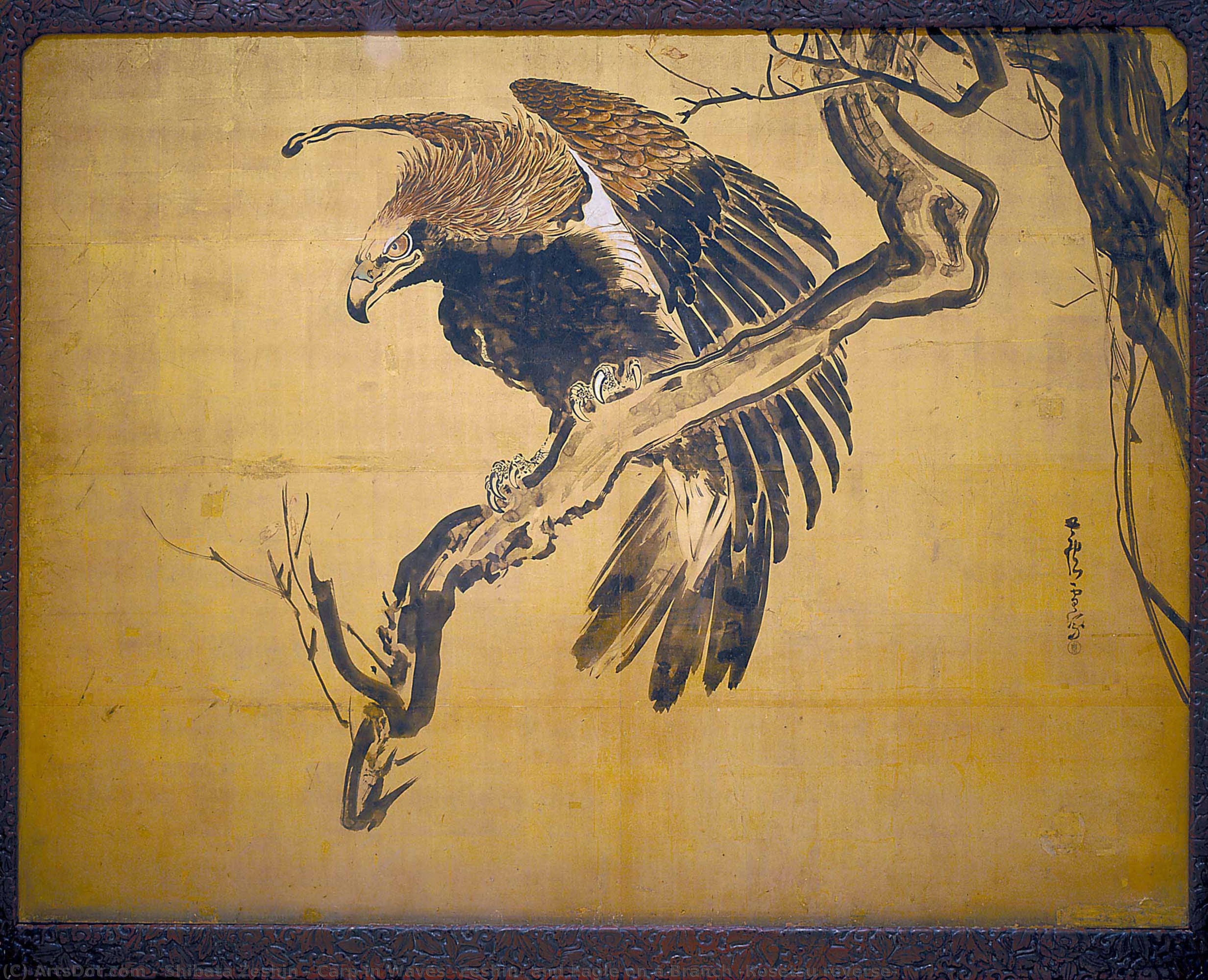 Carp In Waves (zeshin) And Eagle On A Branch (rosetsu Reverse) — Shibata Zeshin