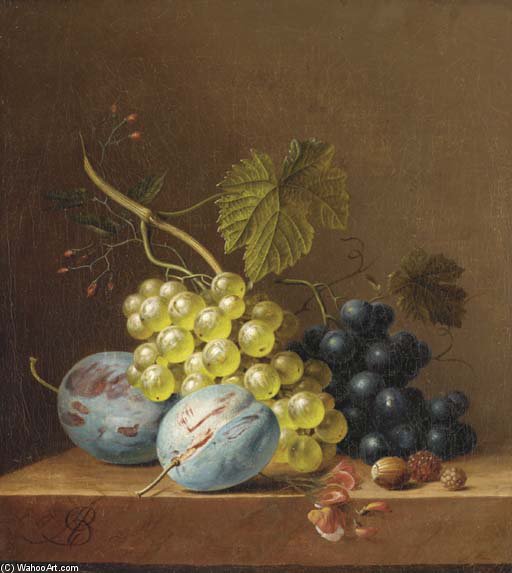 Grapes, Plums, Rasberries And An Acorn On A Wooden Ledge — Arnoldus Bloemers