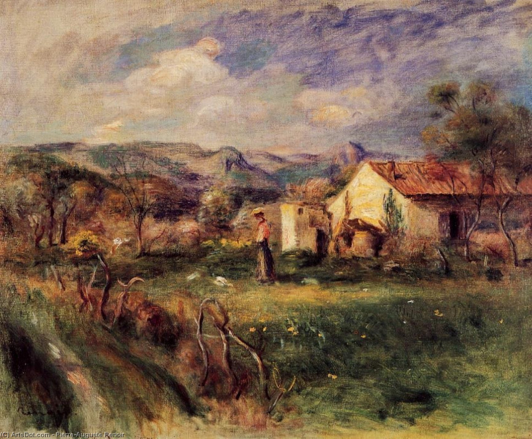 Young Woman Standing Near A Farmhouse In Milly — Pierre-auguste Renoir