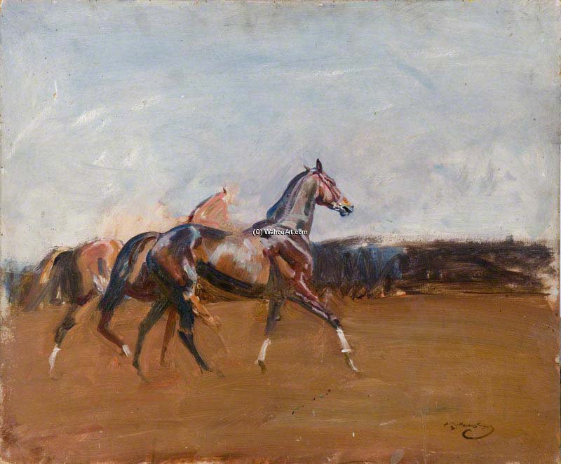 Racehorses In A Landscape - — Sir Alfred James Munnings