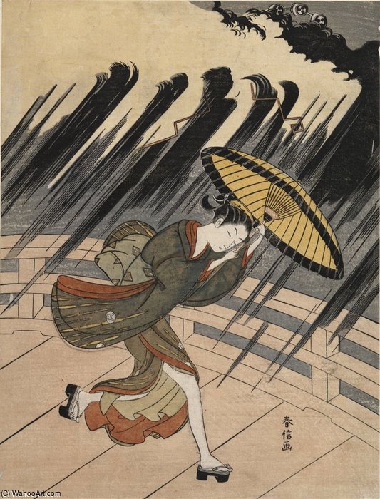 Woman Running To Escape A Sudden Shower — Suzuki Harunobu