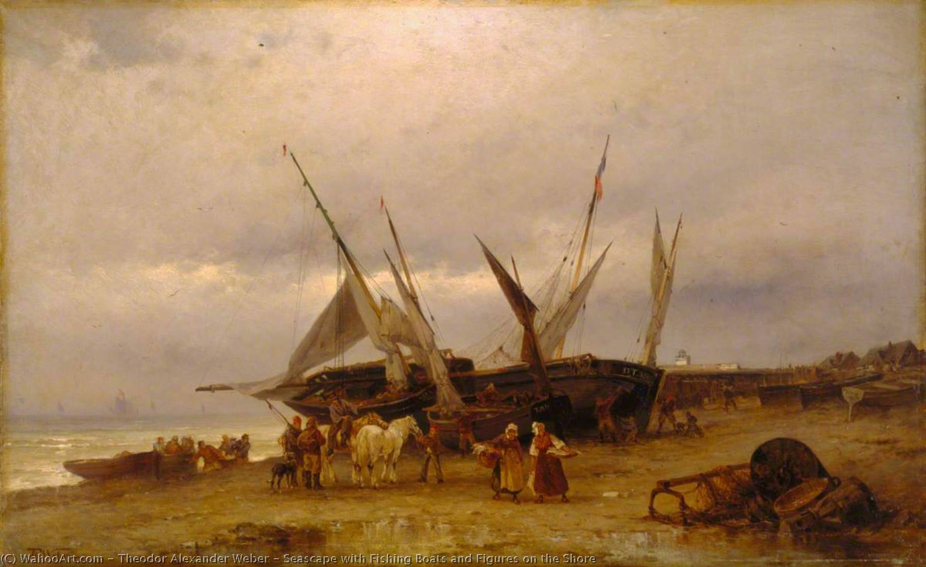 Seascape With Fishing Boats And Figures On The Shore — Theodor Alexander Weber