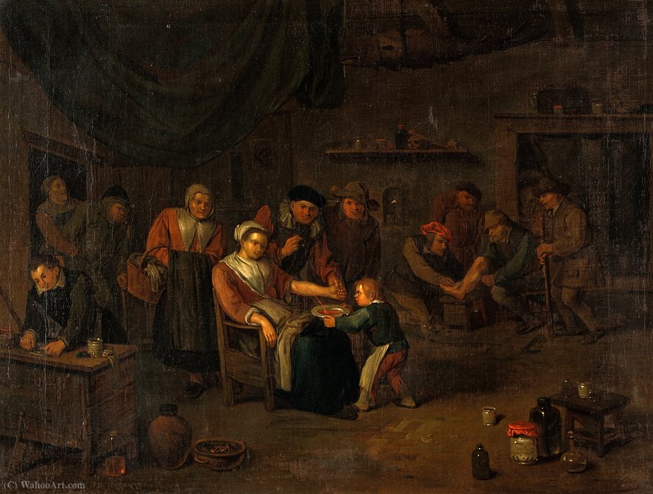 Interior Of A Surgery With A Woman Having Blood Let From The Arm, A Surgeon Treating A Man's Injured Foot, And Other Figures. — Egbert Jaspersz Van Heemskerck