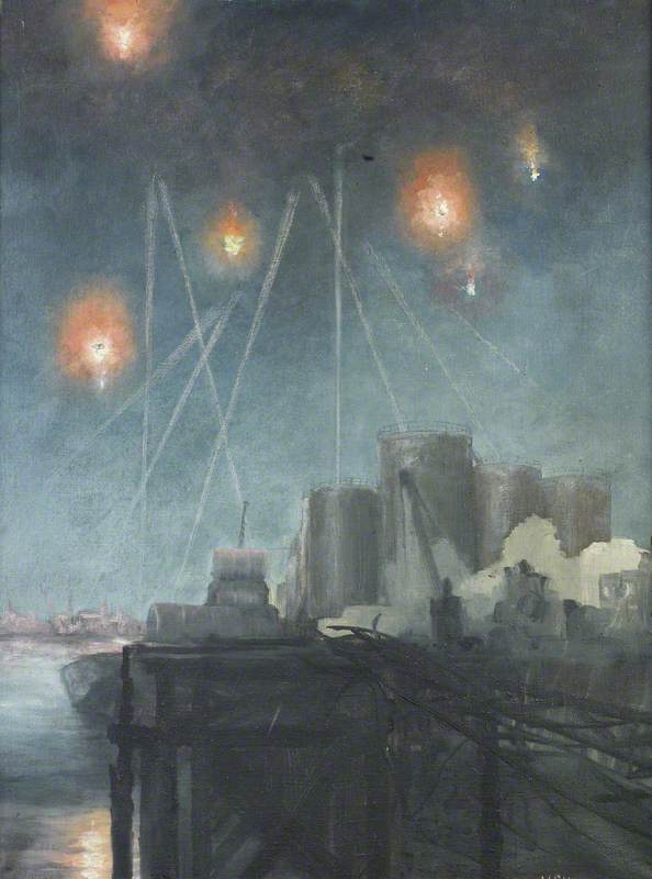 Night Air Raid With Anti Aircraft Shells Exploding Over Oil Tanks — Wilfred Stanley Haines