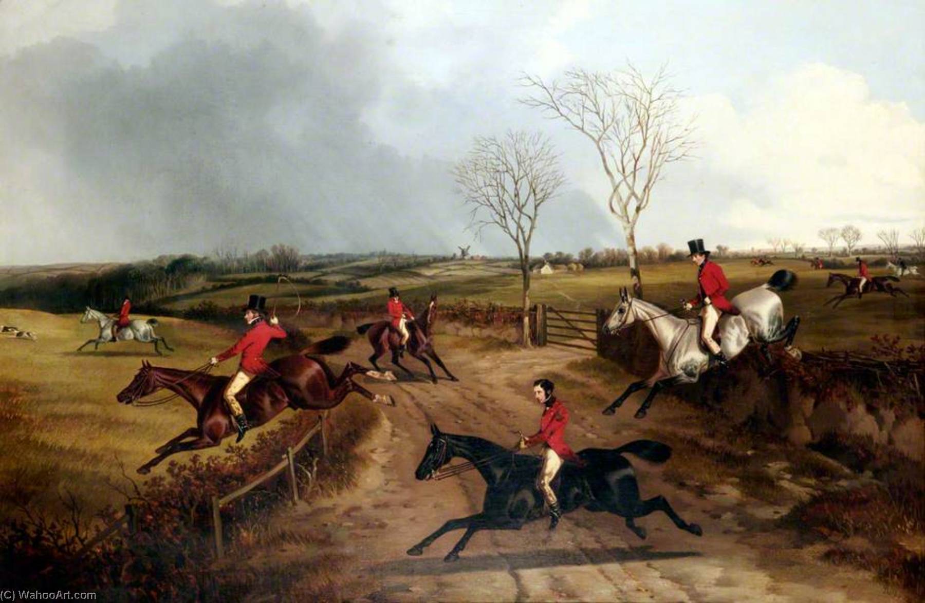 The Lane Members Of A Hunt Jumping The Fences By A Lane — John Dalby