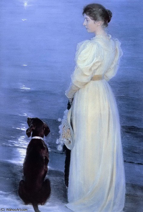 Summer Evening At Skagen, The Artist's Wife With A Dog On The Beach — Peder Severin Kroyer