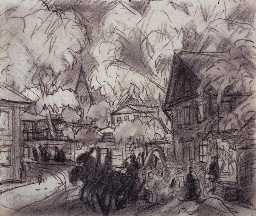 Urban Landscape With Troika — Boris Mikhailovich Kustodiev