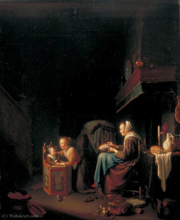 Woman Making Lace With Two Children — Pieter Cornelisz. Van Slingelandt