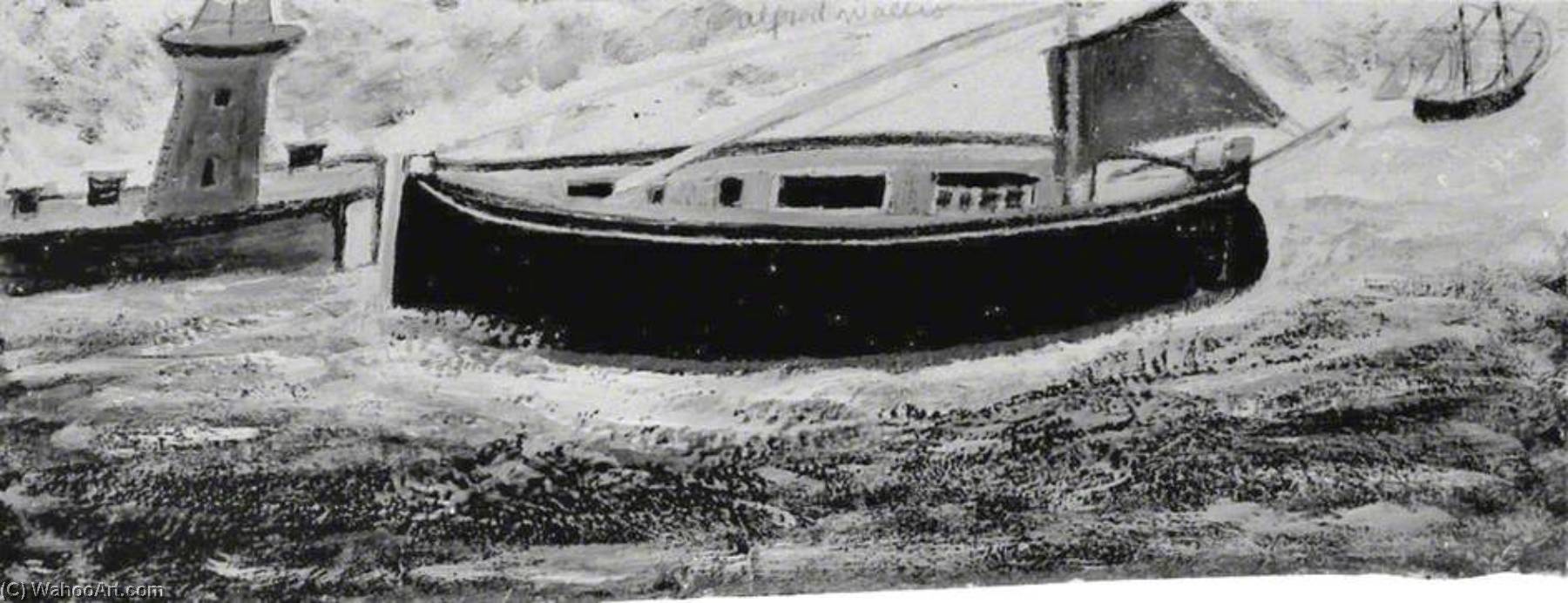 Fishing Boat In Harbour, With Red Sail Mast Steeped — Alfred Wallis