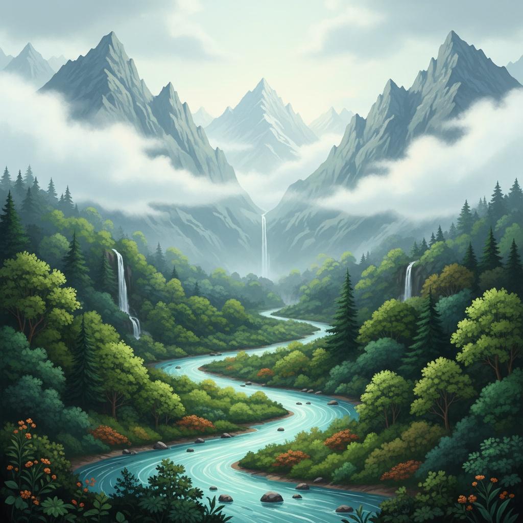 Ethereal River Path Through Silent Mist And Ancient Verdant Peaks — Laurent Fontaine