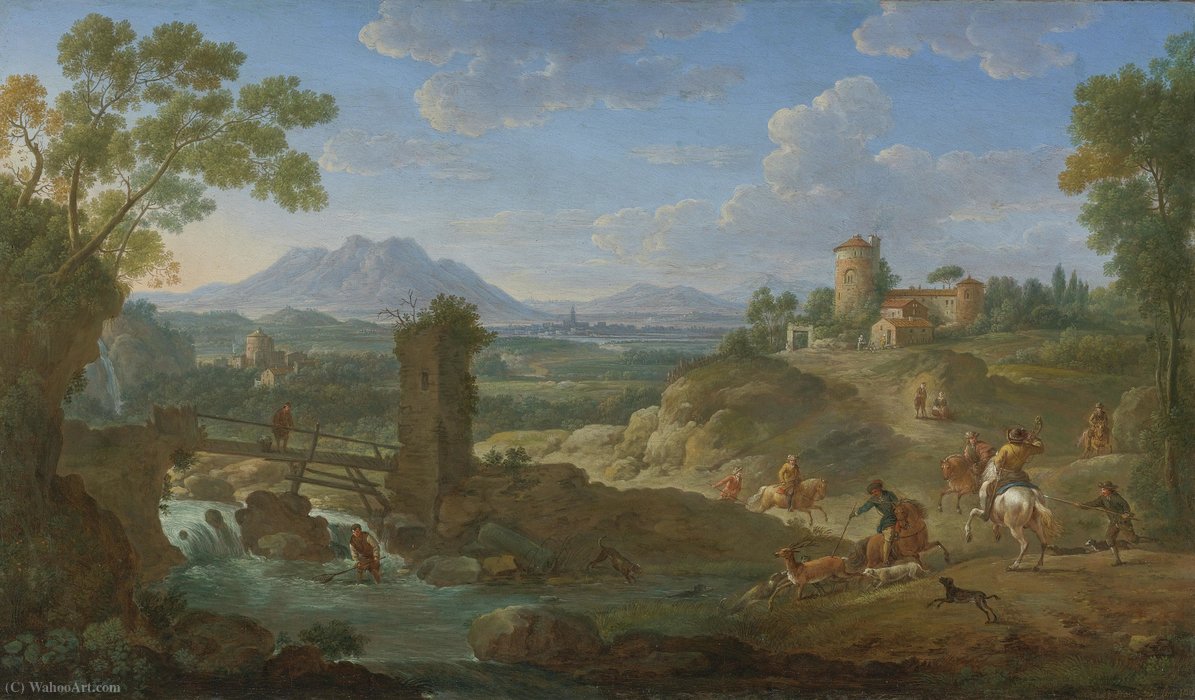 Elegant Hunting Party In An Extensive Landscape With Mountains Beyond — Hendrik Frans Van Lint