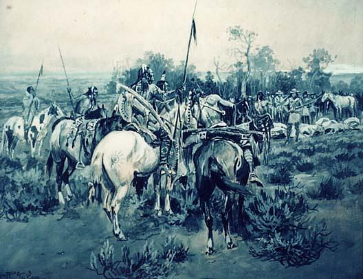 Trappers Passed Through Them With Their Colt's Revolvers, (painting) — Charles Marion Russell