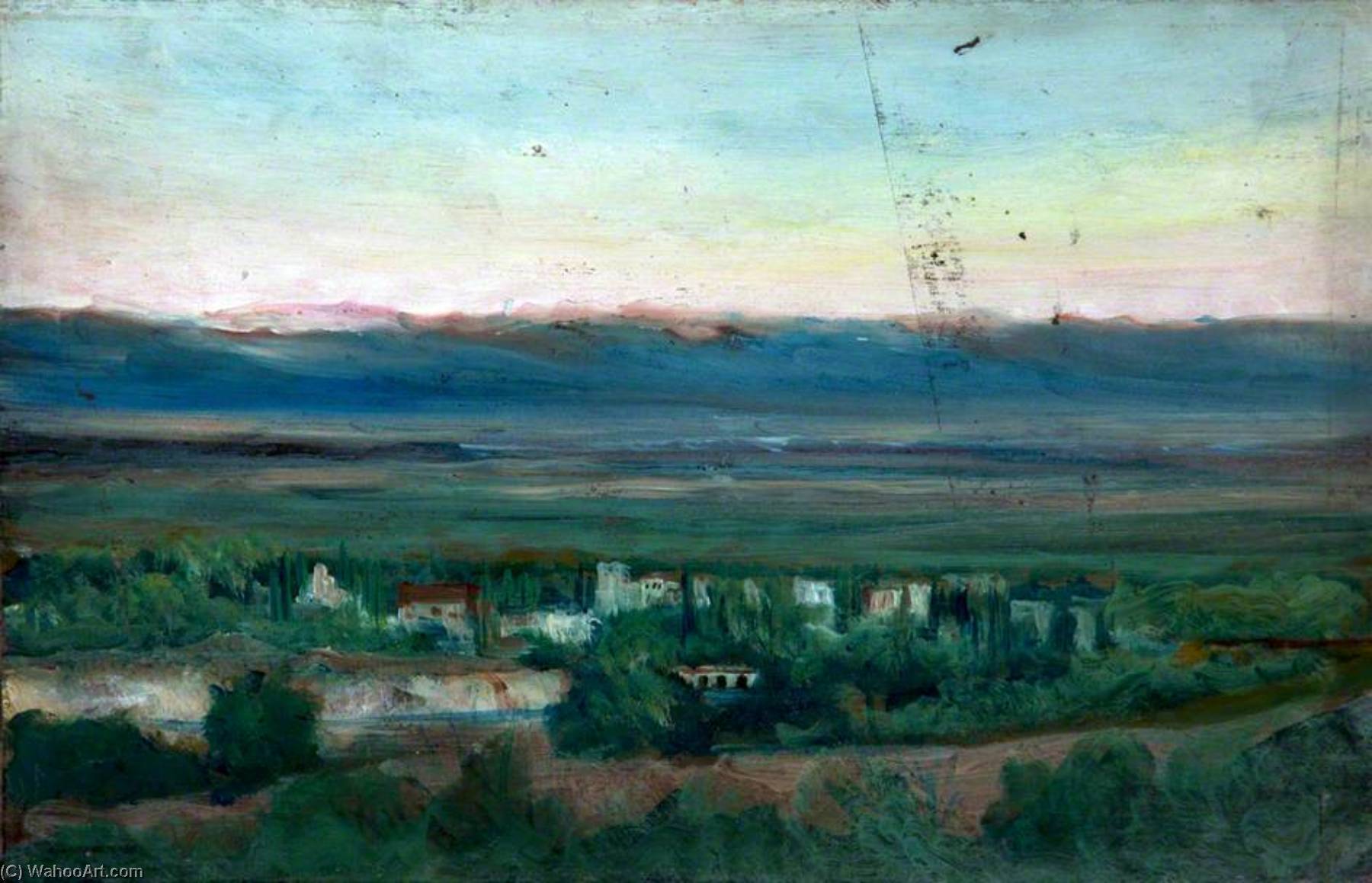 Landscape With A Village And A River In A Green Valley With Distant Mountains — Caroline Emily Gray Hill