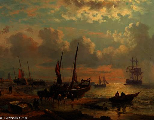 A Coastal Scene With Sailingvessels And Fishermen At Work On A Beach — George Willem Opdenhoff