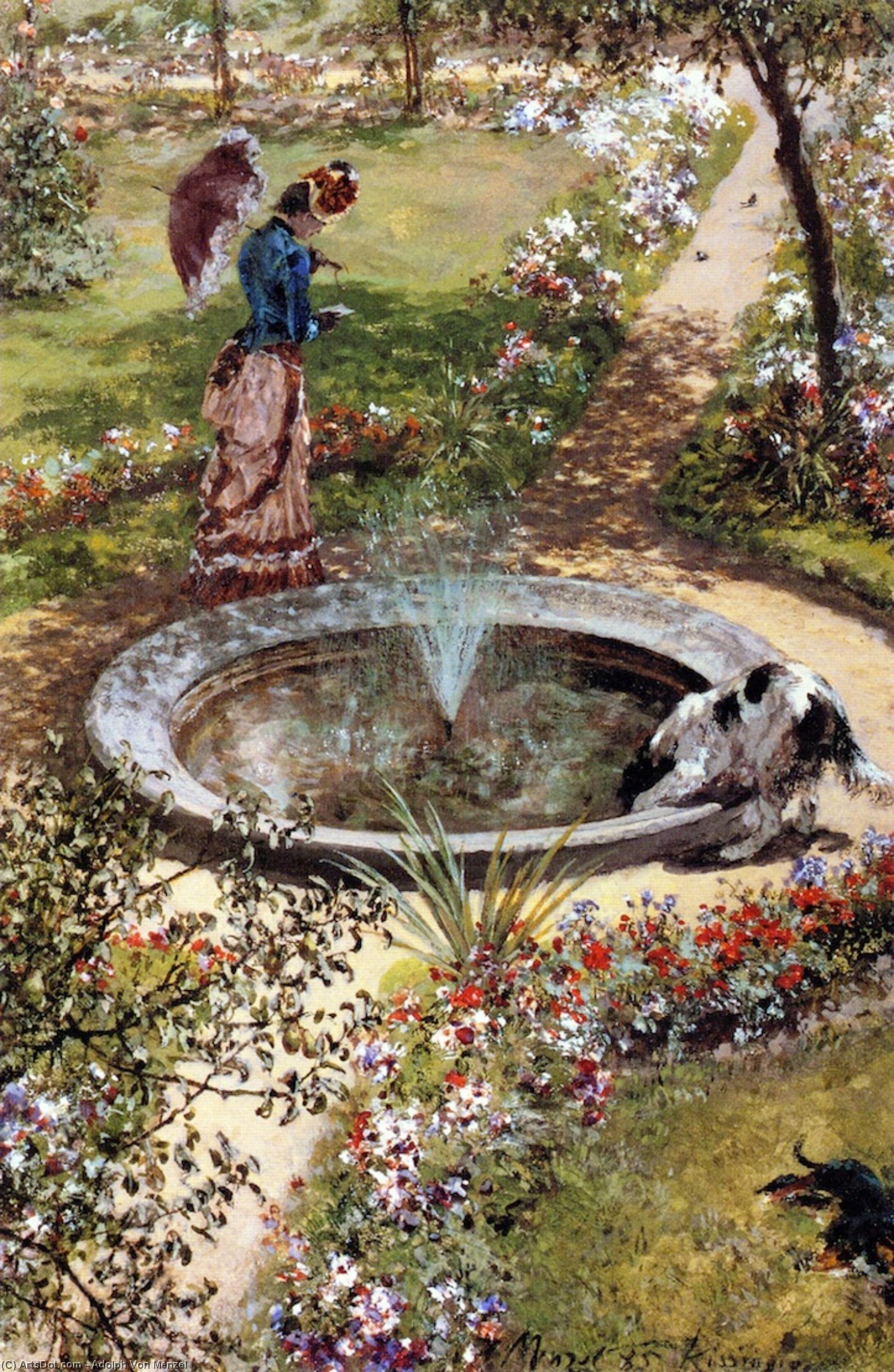Lady Walking By A Fountain In The Kissingen Spa Garden — Adolph Von Menzel