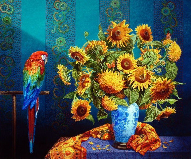 Sunflowers With Macaw — Ian John Hornak