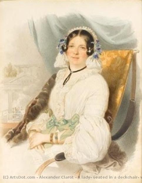 A Lady, Seated In A Deckchair, Wearing White Dress With Lace Trim And Green Ribbon Bows, Lace Headdress Decorated With Violets, Black Ribbon Necklace — Alexander Clarot
