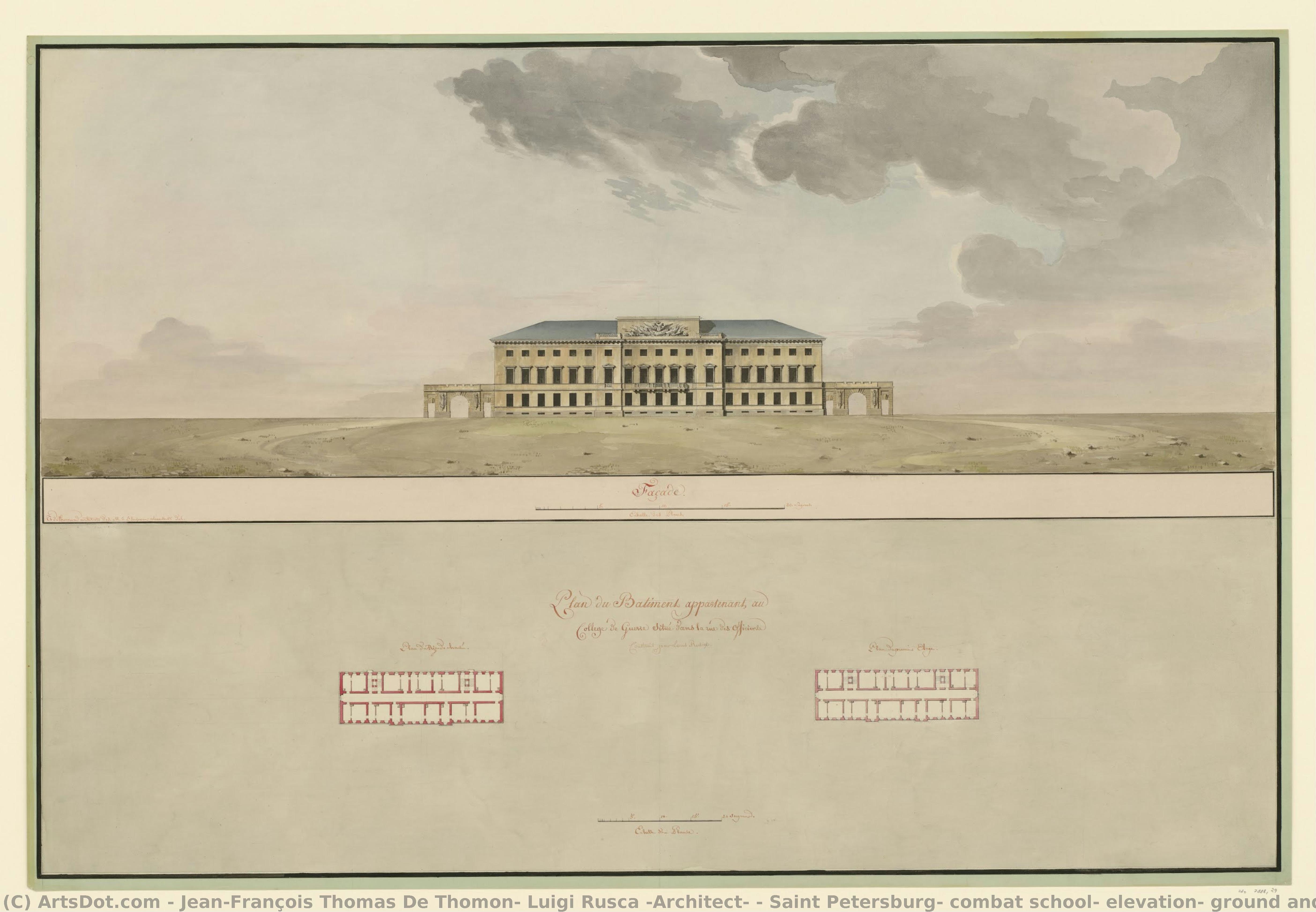 Saint Petersburg, Combat School, Elevation, Ground And First Floor Plans — Jean-françois Thomas De Thomon, Luigi Rusca (architect)