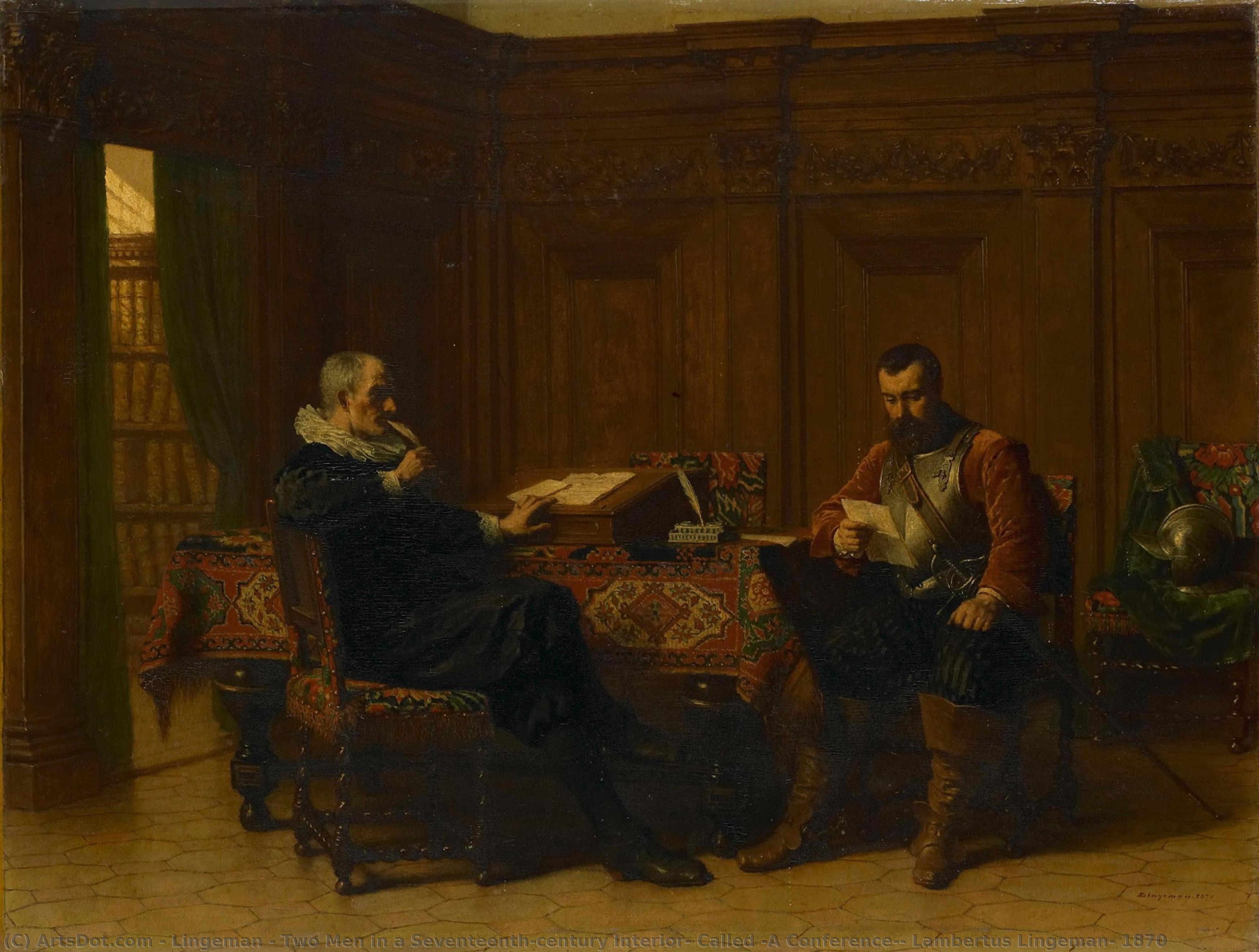 Two Men In A Seventeenth-century Interior, Called "a Conference", Lambertus Lingeman, 1870 — Lingeman