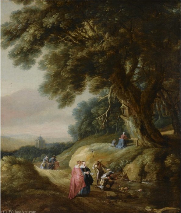 A Wooded Landscape With Elegant Travellers And Huntsman On A Path With A Woman And A Child Praying At A Shrine — Gillis I Peeters