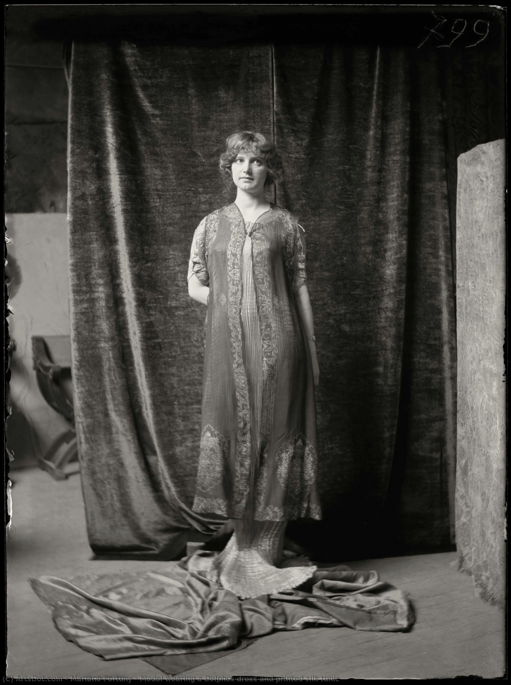 Model Wearing A Delphos Dress And Printed Silk Tunic — マリアーノ・フォルトゥニー
