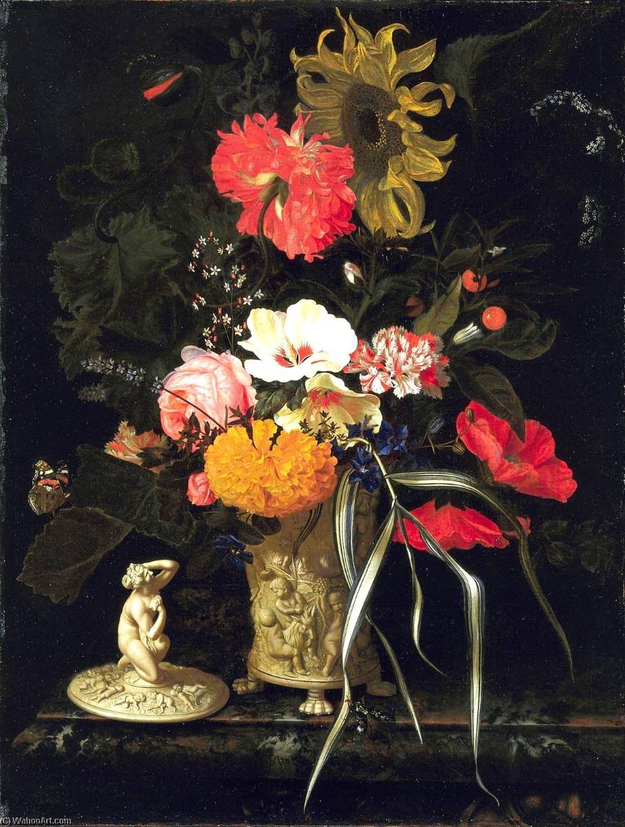 Flowers In A Vase With Embossed Decorations — Maria Van Oosterwijck