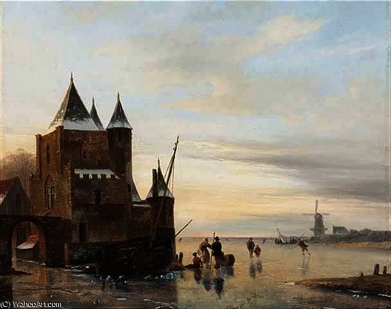 A Winter Landscape With Skaters On A Frozen River, A 'koek And Zopie' Beyond — Nicolaas Johannes Roosenboom