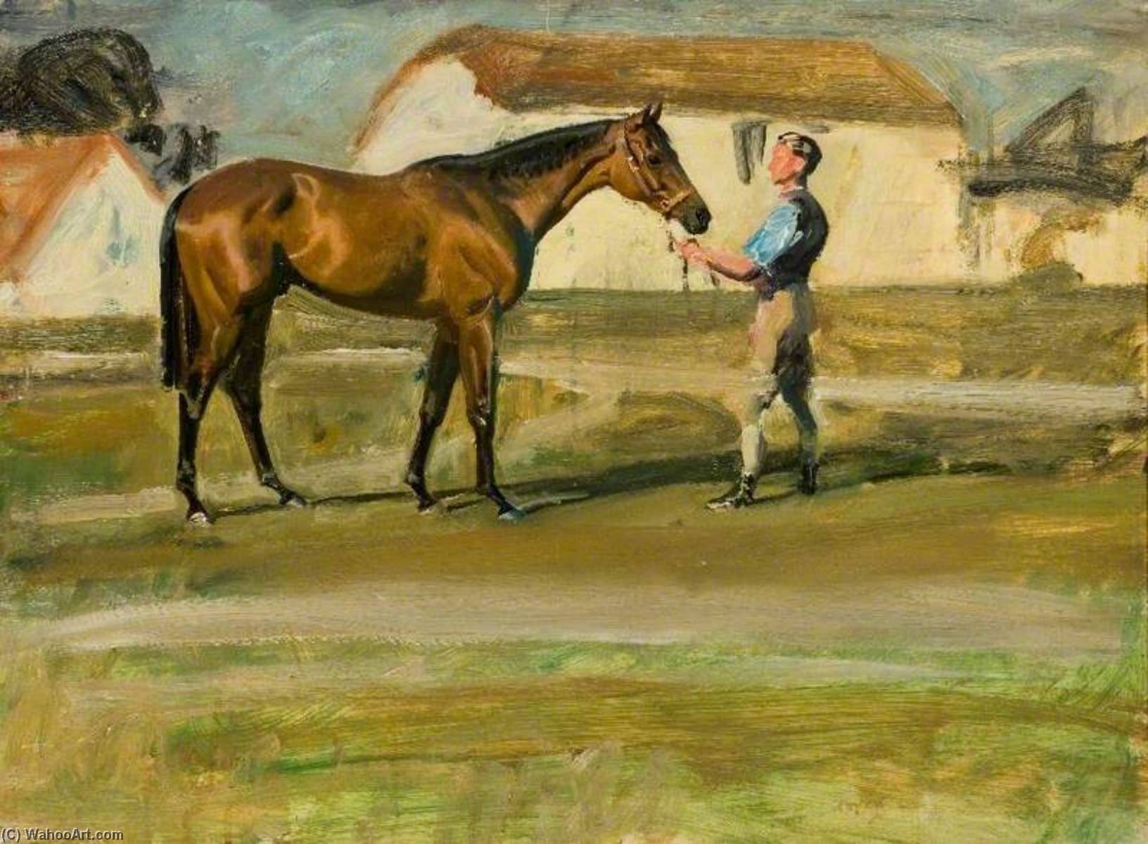 Ein Pferdepfleger Hält Ein Braunes Pferd, Nahe Den Ställen — Sir Alfred James Munnings
