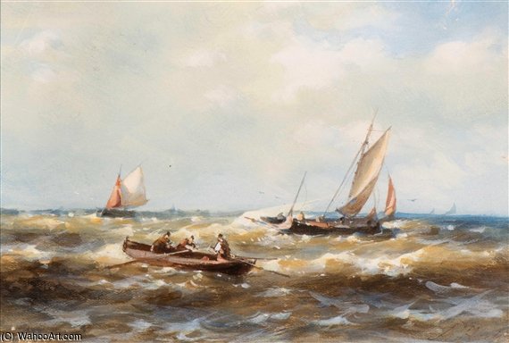 A Rowing Boat And Ships In Choppy Waters — Abraham Hulk Senior