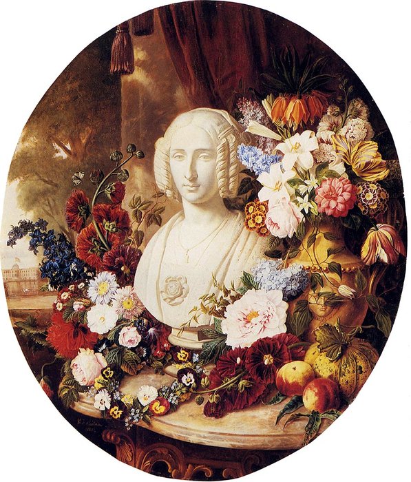 A Still Life With Assorted Flowers Fruit And A Marble Bust Of A Woman — Virginie De Sartorius