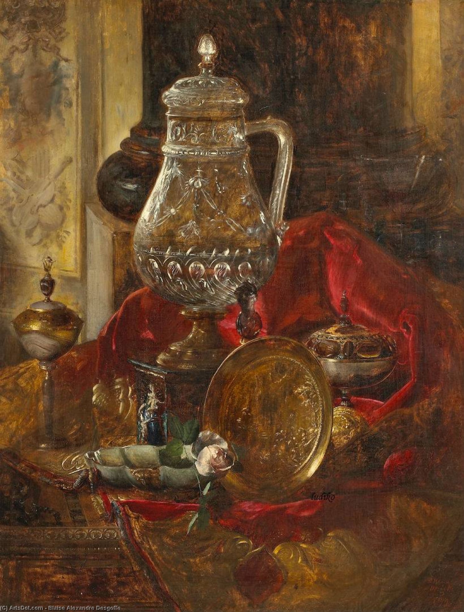 A Still Life With A Crystal Tankard And Other Precious Objects Arranged On A Draped Cloth — Blaise Alexandre Desgoffe