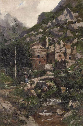 Faggot Gatherers Crossing A Bridge At An Italian Hilltown — Carlo Brancaccio