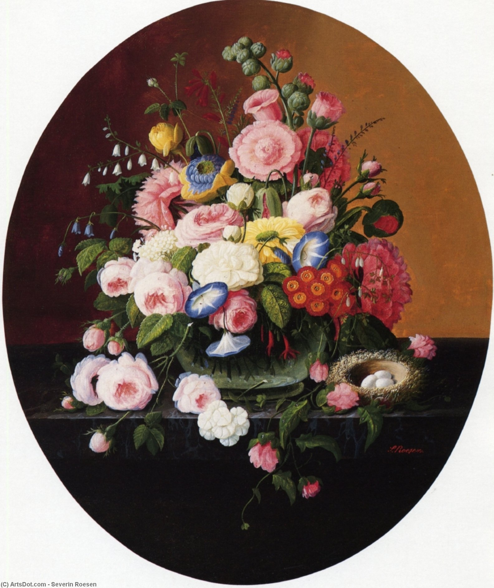 Still Life Witih Flowers In A Glass Bowl And Bird's Nest — Severin Roesen