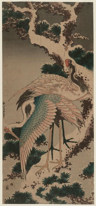 Cranes On Snowladen Pine — 葛飾北斎 (katsushika Hokusai)