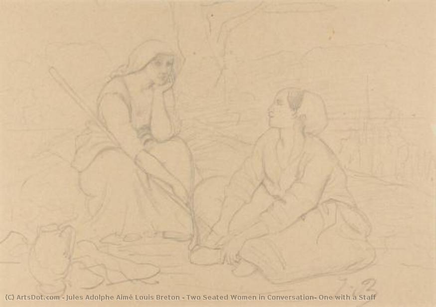 Two Seated Women In Conversation, One With A Staff — Jules Adolphe Aimé Louis Breton