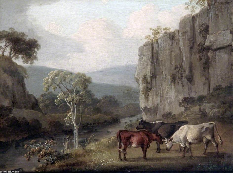 Three Cattle Grazing By A Stream Under A Cliff Face — William Anderson