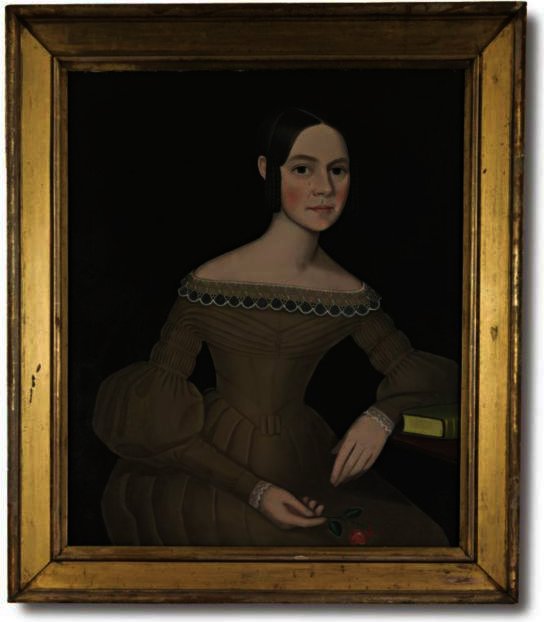 Portrait Of A Dark-haired Young Woman Wearing Light-brown Dress Holding A Spray Of Pinks — Ammi Phillips