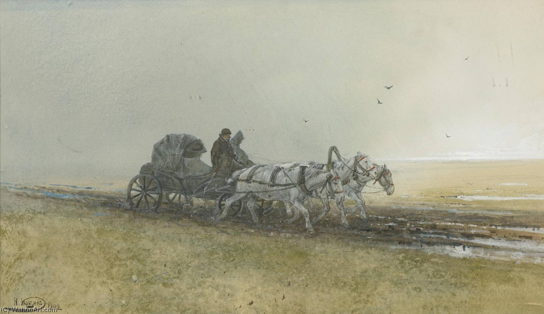 Travelers Driving A Troika After The Rain — Nikolai Nikolaevich Karazin