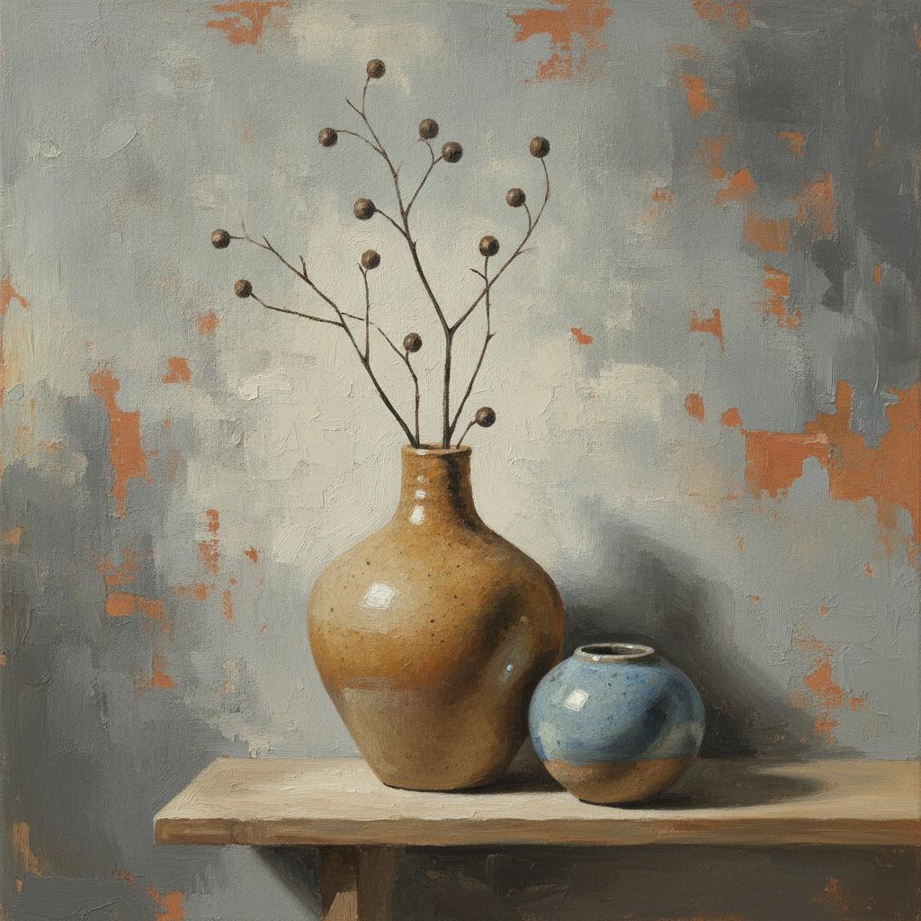 Ochre Vessels And Berried Branches Against Weathered Plaster — Laurent Roche