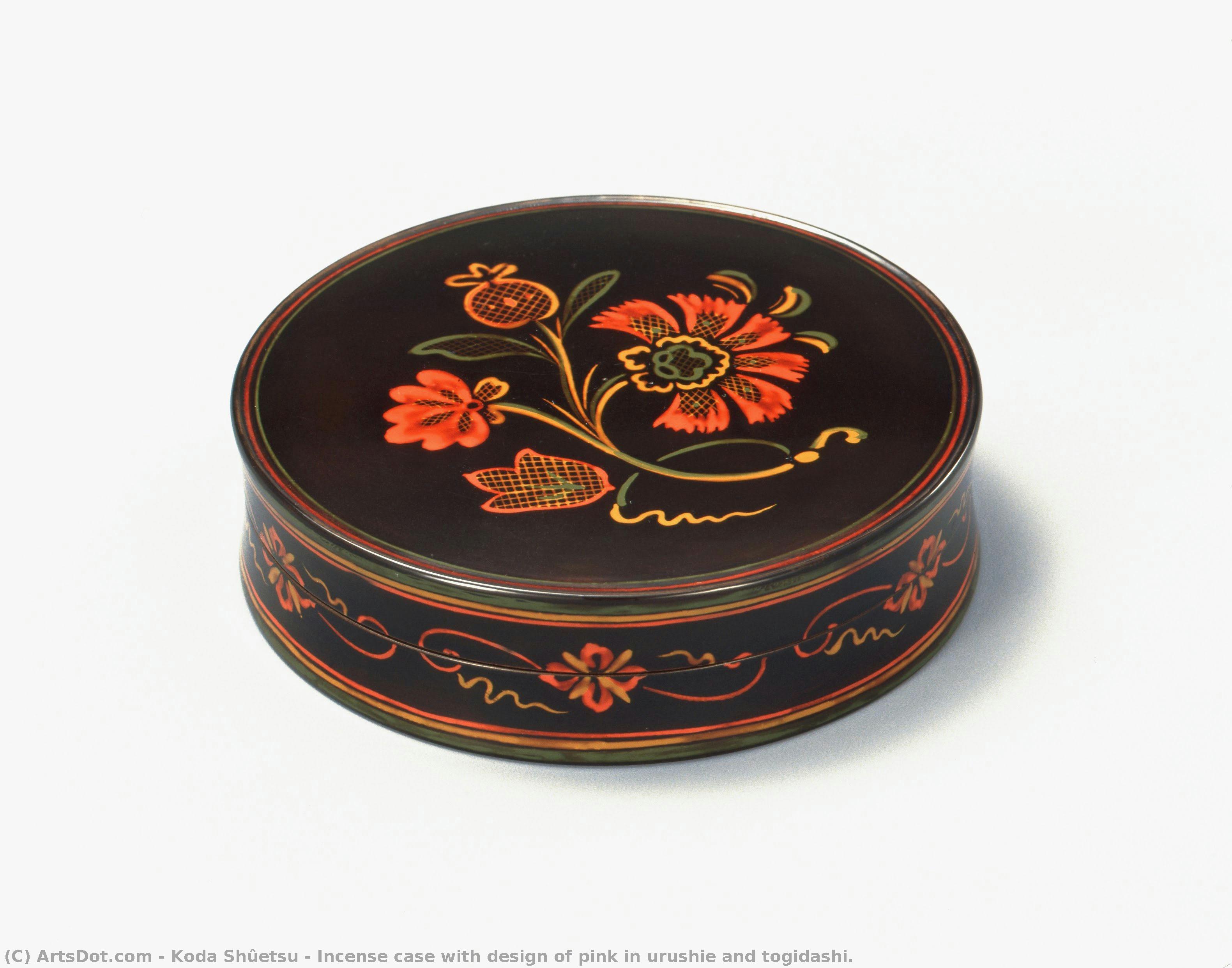 Incense Case With Design Of Pink In Urushie And Togidashi. — Koda Shûetsu