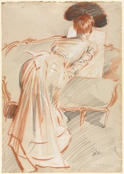 Woman (possibly Madame Alice Hellu) Looking At A Drawing — Paul César Helleu