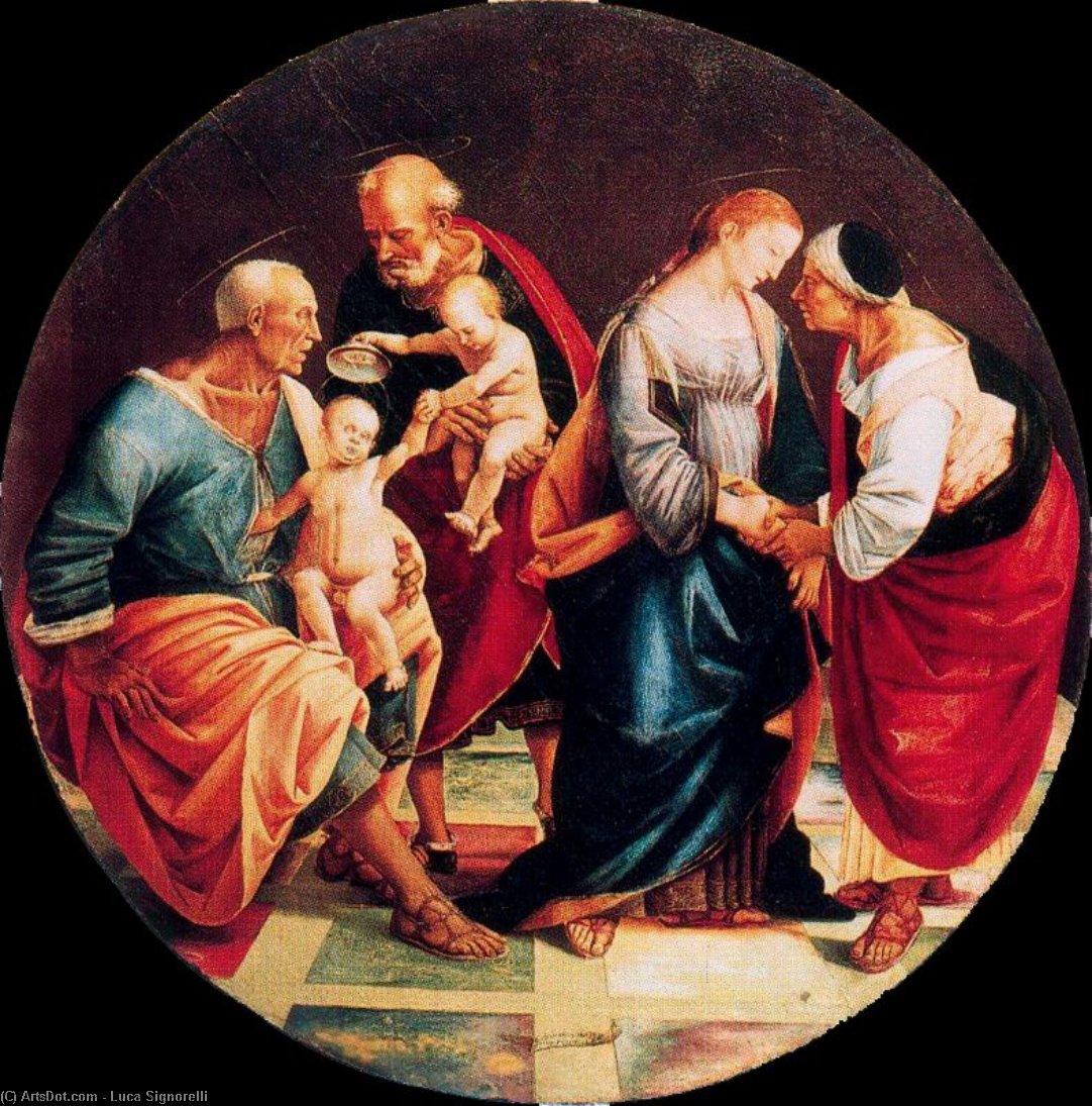 The Holy Family With Zachariah, Elizabeth, And The Infant Baptist — Luca Signorelli