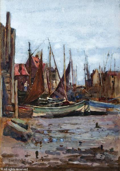 Fishing Boats And A Village, Probably Staithes — Frederick William Jackson