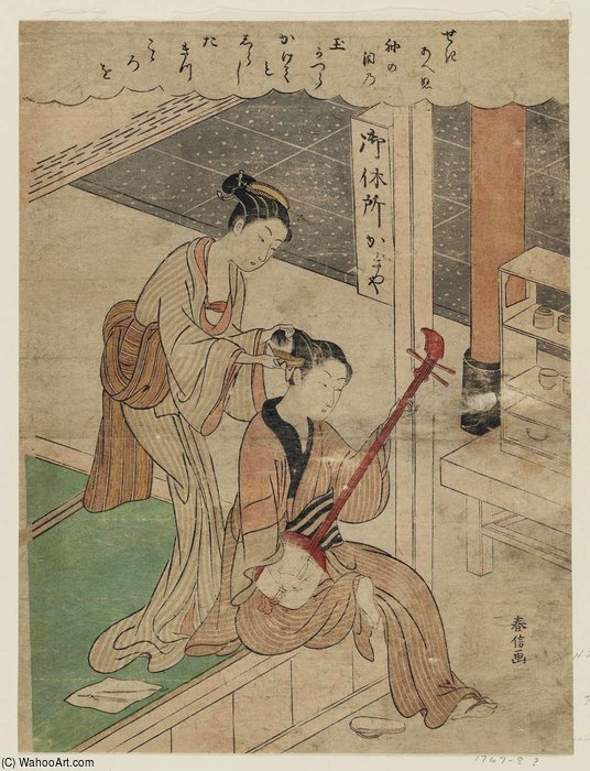 Osen Of The Kagiya Combing A Young Man's Hair — Suzuki Harunobu