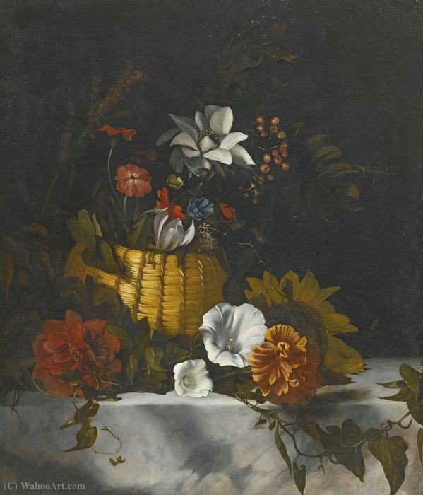 A Still Life Of A Basket Of Flowers On A Large Marble Ledge — Dirck De Bray