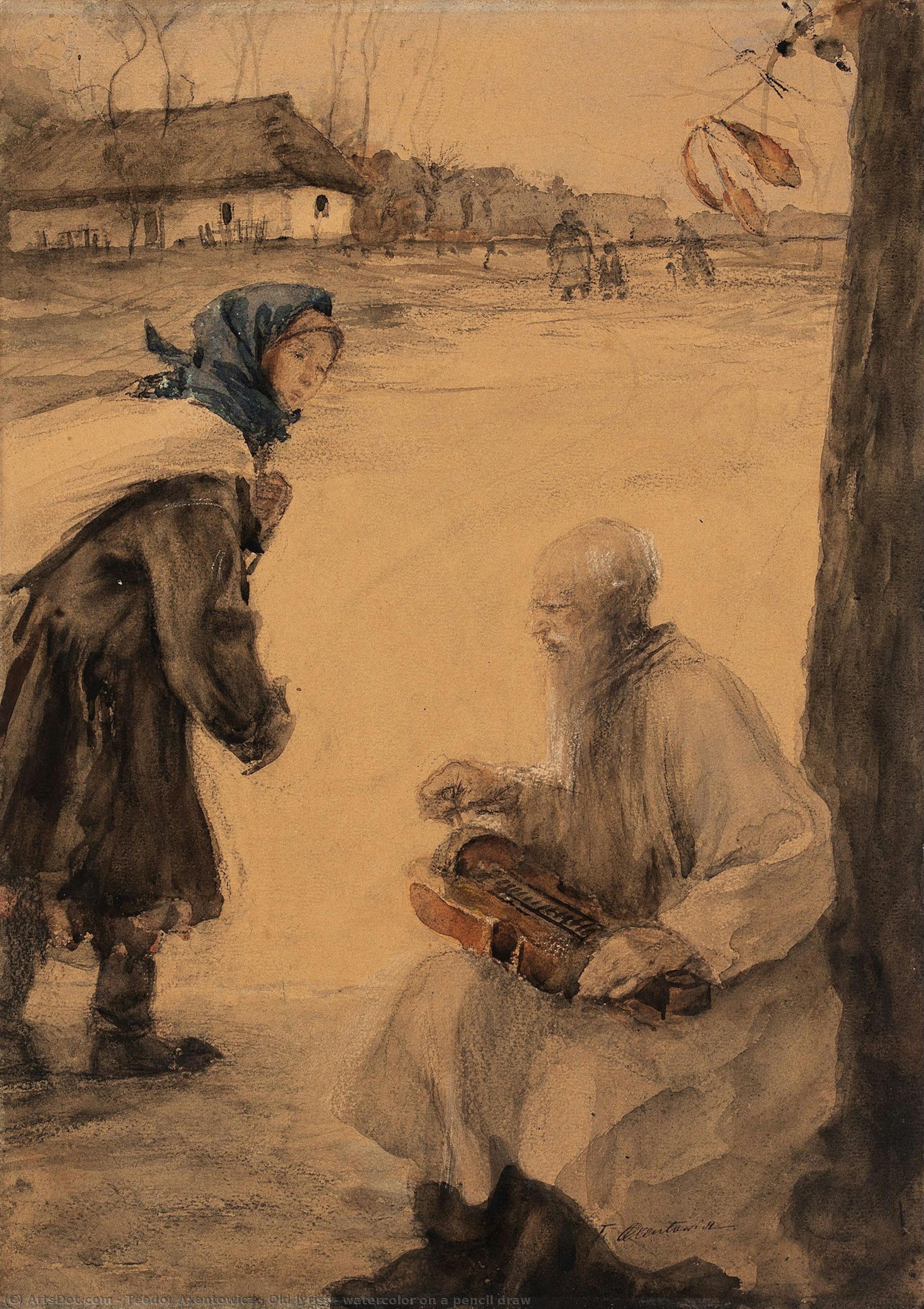 Old Lyrist - Watercolor On A Pencil Draw — Teodor Axentowicz