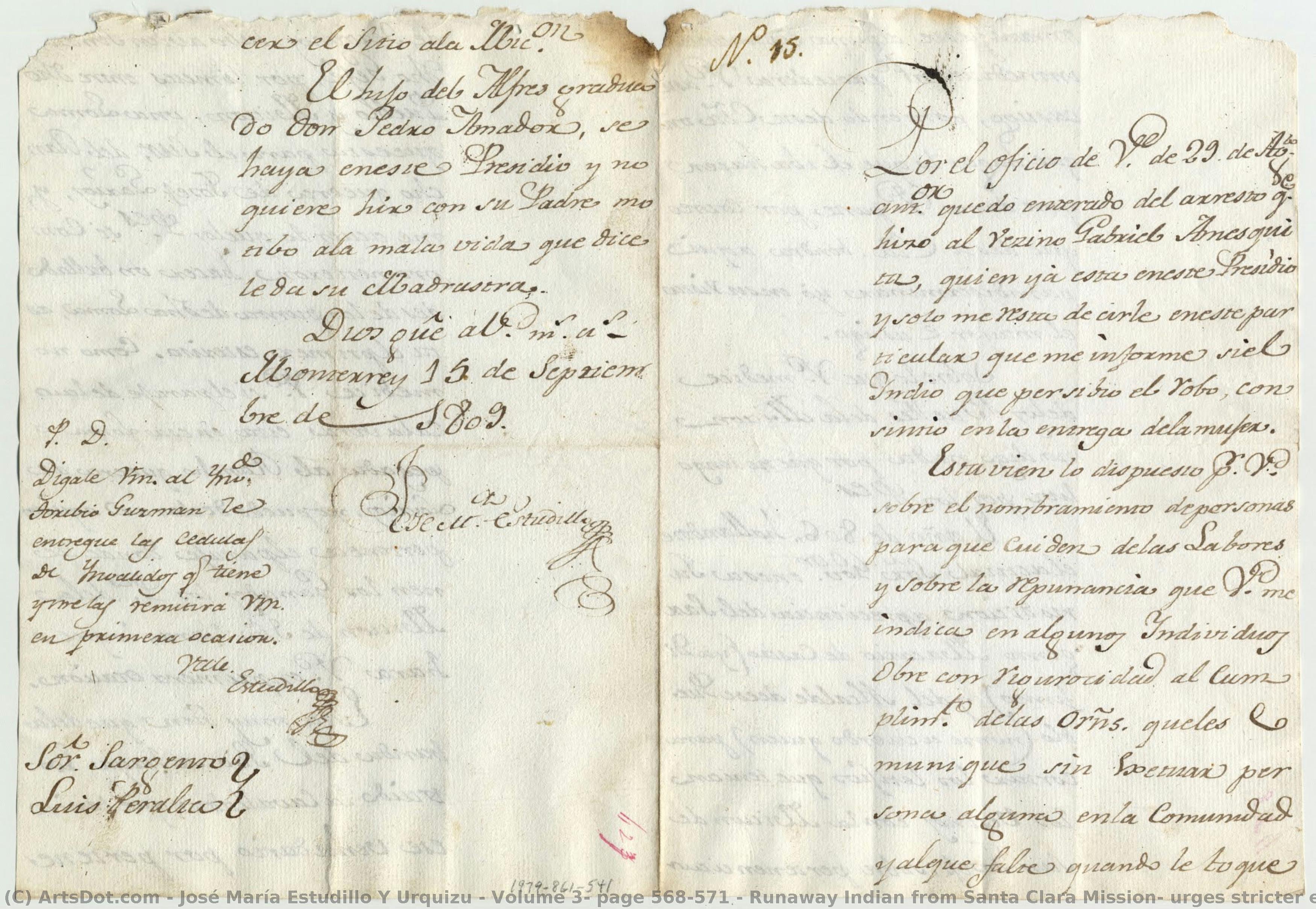 Volume 3, Page 568-571 / Runaway Indian From Santa Clara Mission; Urges Stricter Enforcement Of Laws, And Grazing Limits\n\npage 1 — José María Estudillo Y Urquizu